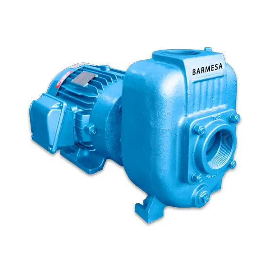 Vista lateral izquierda de la bomba autocebante modelo 3N de Barmesa Pumps con motor eléctrico, diseñada para aplicaciones industriales y comerciales