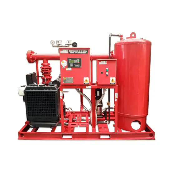 Equipo contraincendio modelo FPS con bombas eléctrica BMV y con motor a diésel, tanque presurizador y tableros de control de Barmesa Pumps con certificación de seguridad