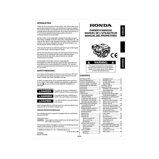 Portada de manual para motores Honda